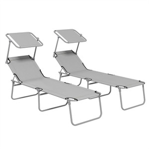 Folding Sun Lounger Set 2: Adjustable Backrest, Sunshade, Outsunny - Light Grey