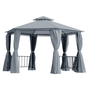 Outsunny Hexagon Gazebo Patio Party Tent | Outdoor Garden Shelter | 2 Tier Roof & Side Panel - Grey