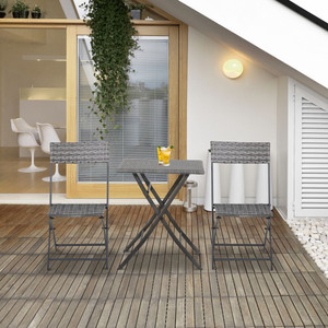 Durable Rattan Garden Bistro Set: 2 Wicker Weave Folding Chairs & 1 Square Table - Grey