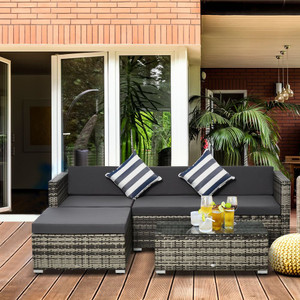 5PC Rattan Furniture Set - Wicker Sofa, Glass Table & Cushion Pillows - High-Quality Outdoor Patio Set - Mixed Grey