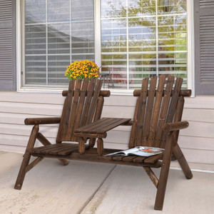 Outdoor Wood Patio Chair Bench | 2 Seats | Center Coffee Table | Garden Bench
