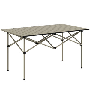 Outsunny Portable Folding Camping Table with Roll Up Aluminium Top Carry Bag - Khaki