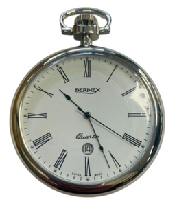 Bernex Swiss Made Roman Numeral Date Rhodium Plate Open Face Pocket Watch