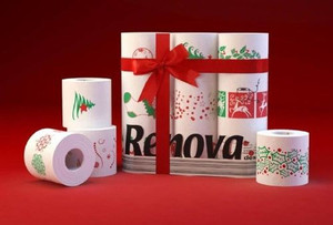 Renova 9 / 18 / 27 / 36 / 45 White Print 2 Ply Xmas Toilet Tissue Rolls - 36  Rolls