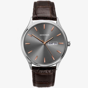 Sekonda Mens Basic Day date Grey Dial Brown Leather Strap Watch 1685