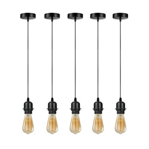 5 Pack Industrial Pendant Light Fitting, Lampshade Addable E27 Lamp Holder Light, - with bulb / Black