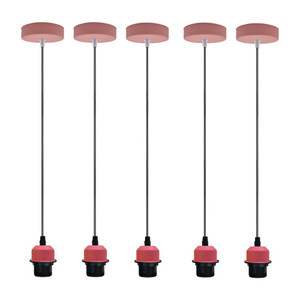 5 Pack Industrial Pendant Light Fitting, Lampshade Addable E27 Lamp Holder Light, - with bulb / Pink