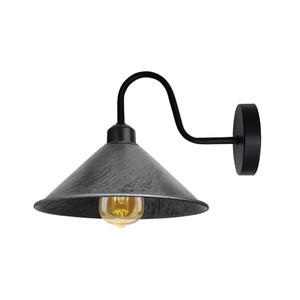 Brushed Silver Wall Light Fixture: Black Sconce, E27 Base Socket, Screw Type, Wall Mounted, Swan Neck, Cone Shape Shade