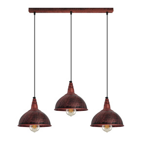 Vintage Industrial Rustic Red 3 Head Pendant - Metal Brushed Light Fitting - Small Dome Lamp Shade - E27 Base