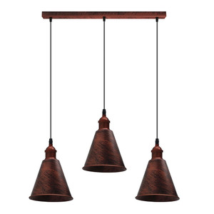 Rustic Red 3 Head Pendant Light | Metal Brushed | E27 Base | Vintage Retro Style | Long Cone Shade | High Quality