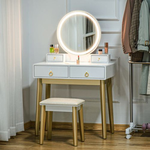 Dressing Table Set With LED Mirror, Stool & 4 Drawers Makeup Desk White