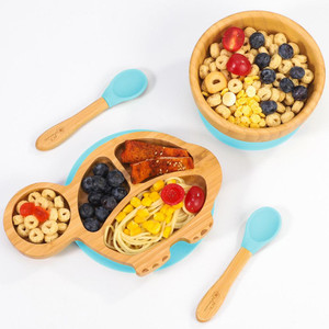 VINSANI BAMBOO TURTLE PLATE SET: Non-Slip Suction Base | BPA-Free Silicone | Eco-Friendly & Easy to Clean - Blue