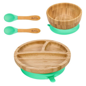 VINSANI BAMBOO BOWL, ROUND PLATE & SPOON SET - Non-Slip Base, All-Natural, Easy Clean - Perfect for Baby Feeding! - Green