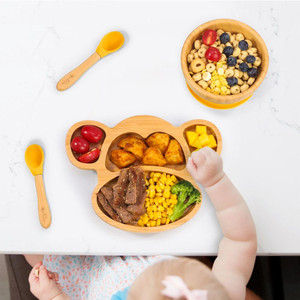 Premium Bamboo Monkey Plate Set  4-Sectioned Plate, Bowl, & Spoon  Non-slip Base  Food-Grade Silicone  Easy to Clean - Yellow