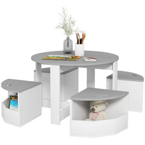 AIYAPLAY 5-Piece Kids Table and Chairs Set w/ Storage for 3-8 Years Old-Grey