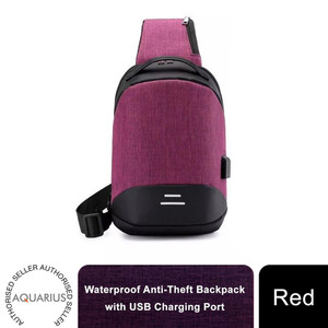 Aquarius Waterproof Anti-Theft USB Laptop Backpack - Travel School Bag - Red