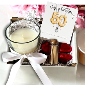 Small 50th Birthday Gold Balloons Gift Hamper - Cubic Zirconia Charm Necklace, Chocolates & Candle