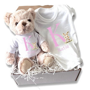Personalised Pink Initial Bunny Gift Hamper - Teddy & Baby Vest - NEWBORN