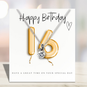 16th Birthday Cubic Zirconia Silver Necklace & Gold Balloons Gift Card