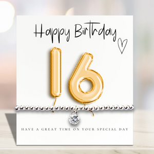 16th Birthday Cubic Zirconia Silver Bracelet & Gold Balloons Card