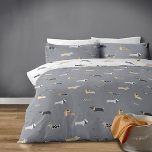 Dachys Grey and white dachshund sausage dog design polycotton duvet set. - King Bed