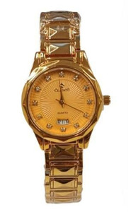 Clasico Ladies Bling Dated Water Resistant Round Dial Gold Metal Strap Watch