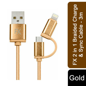 FX 2 in 1 Micro USB Braided Charge & Sync Cable, 1m/2m/3m - Gold / 3m