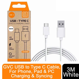 GVC USB to Type C Cable, Fast Charging & Syncing, 3M - White