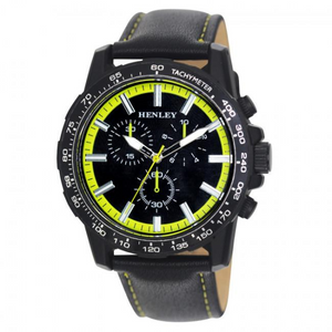 Henley Mens Satin Black Sports Coloured Stitch Multi Eye Watch Black/Lime Green H03015.11