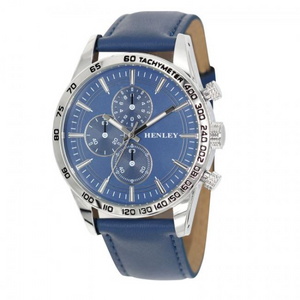 Henley Mens Polished Silver Sports Multi Eye Blue Dial Blue Leather Strap Watch H03016.6