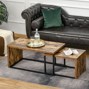 HOMCOM Coffee Tables Nesting Table Set of 2 Side Table w/Metal Frame for Living Room Bedroom Black & Brown