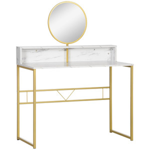 Dressing Table w/ Round Mirror, Vanity Makeup Desk Faux Marble Texture White