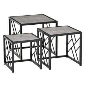 HOMCOM Nesting Coffee Tables, Set of 3 Square Side Tables with Black Metal Frame, for Living Room, Bedroom and Office, Grey