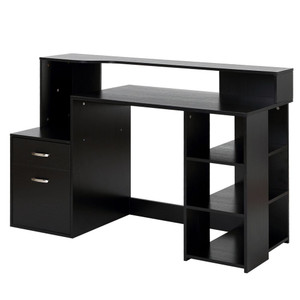 HOMCOM Computer Desk with Drawers and Storage Shelves, Reception Desk, Study Workstation for Home Office, 137 x 55 x 92cm, Black