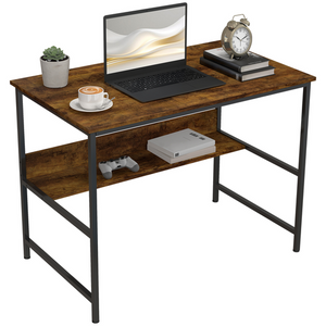 HOMCOM 2-Tier Writing Desk Metal Frame with Storage Shelf Rustic Brown