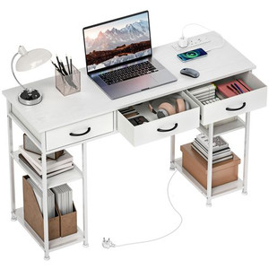 HOMCOM Computer Writing Desk with Power Outlets, Drawers, Shelves - White