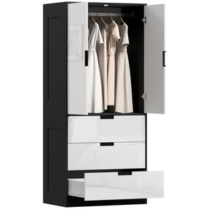 HOMCOM 2 Door Wardrobe White Wardrobe with 3 Drawer and Hanging Rod for Bedroom - High Gloss White