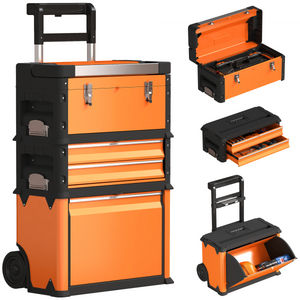 HOMCOM 3-Tier Tool Box with Wheels, Stackable Steel Toolbox - Orange