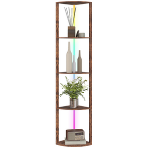 HOMCOM RGB LED Floor Lamp with Shelves and Remote Control for Living Room - Rustic Brown