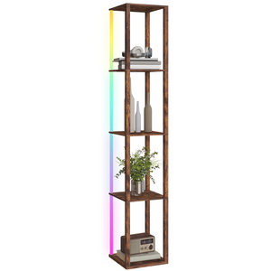 HOMCOM RGB LED Floor Lamp with Shelves and Remote Control for Bedroom - Rustic Brown