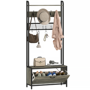 HOMCOM Industrial Hall Tree Coat Rack Stand with Shoe Cabinet Grey - Grey