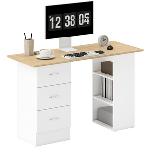 HOMCOM 120cm Computer Desk, Study Table with 3 Shelf & Drawers, Grey - Natural wood finish
