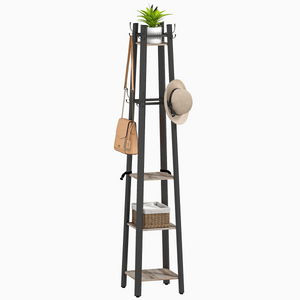 HOMCOM Industrial Coat Stand with Storage Shelves and Hooks - Grey