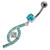 Jeweled Fancy Silver Dangling SS Bar Curved Navel Ring - Aqua