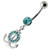 Silver Fancy Multi Jeweled Logo Dangling Banana Bar Belly Ring - Aqua