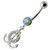Silver Fancy Multi Jeweled Logo Dangling Banana Bar Belly Ring - Rainbow