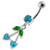 Fancy Jeweled Double Heart Stone Dangling SS Bar Belly Ring Body Jewelry - Aqua