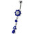 Fancy Jeweled Flower Dangling Curved Bar Belly Ring - Dark Blue