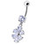 Fancy  Flower Jeweled Silver Dangling With SS Bar Navel Ring - Lavender