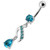 Fancy Jeweled Silver Dangling Curved Belly Ring - Aqua